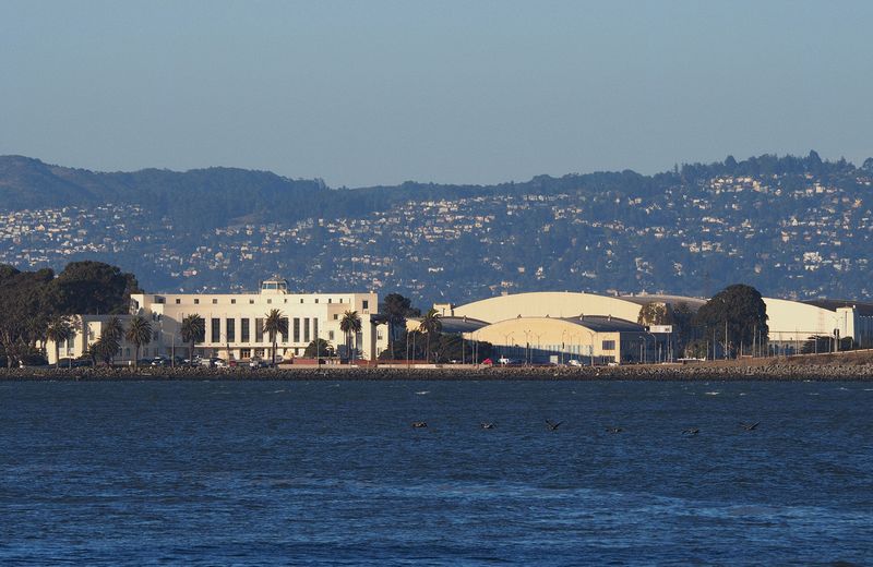 Buildings on Treasure Island with Pelicans in foreground and Oakland Hills in background